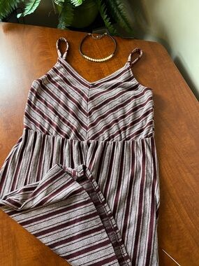 Burgundy & Gray Striped V-Neck Strap Mini Dress